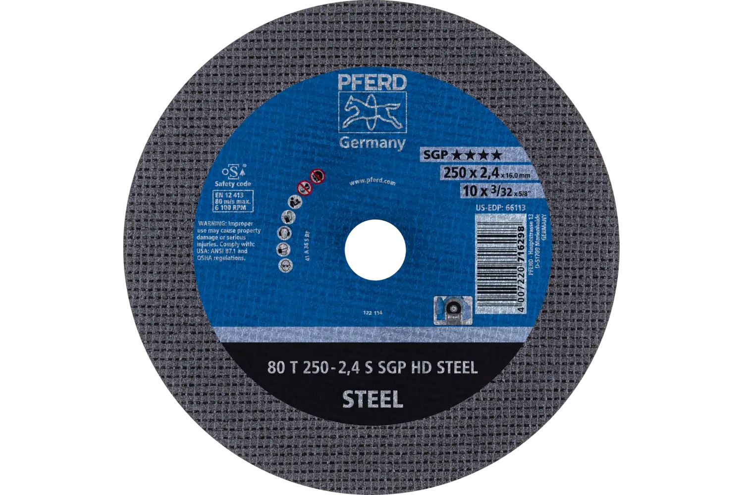 Picture of Pferd Large Diameter Cut-Off Wheel 10" X 3/32 X 5/8, Sgp Hd Steel, S, Aluminum Oxide